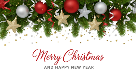 Festive christmas garland with ornaments stars and ribbon on transparent background