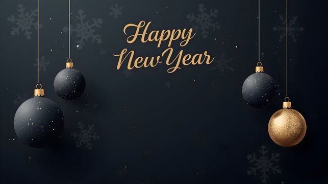 Elegant happy new year greeting with shimmering gold text and dark festive christmas ornaments on a textured black background