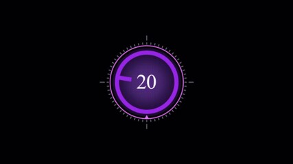 Modern digital countdown timer animation with glowing purple neon circular progress and number 20 in the center on a dark background Perfect for user interface design futuristic motion graphics video  - Powered by Adobe