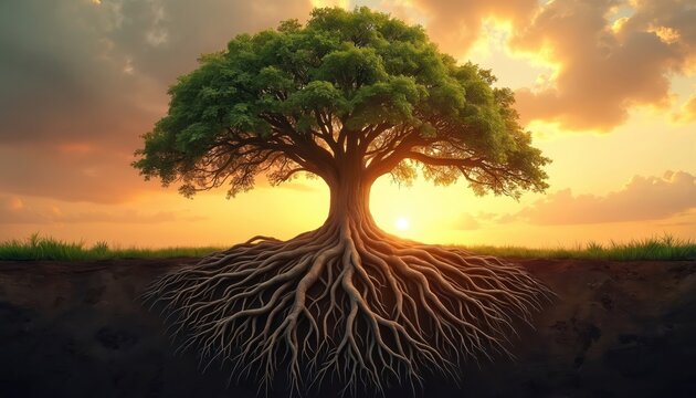 Mature tree with expansive root system anchors into soil at sunset. Lush green canopy spreads wide against a warm golden sky with clouds. Represents strength stability and natural cycles.