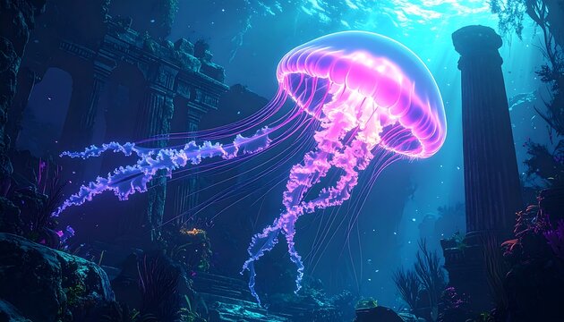 A luminescent jellyfish drifts in a coral-filled ocean, passing ancient ruins. Blue light illuminates the aquatic scene