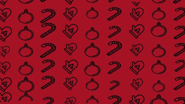 Seamless red pattern featuring Christmas mittens, candy canes, and ornaments. Looping festive background for holiday designs and animations.