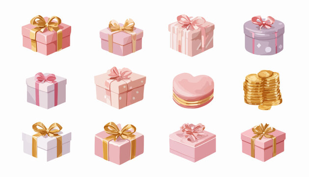 Ensemble de bo&icirc;tes cadeaux roses et dor&eacute;es, vectoriel, pour occasions sp&eacute;ciales et c&eacute;l&eacute;brations