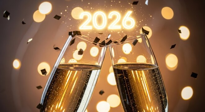 Glowing neon numbers of 2026 illuminated against a dark futuristic digital background