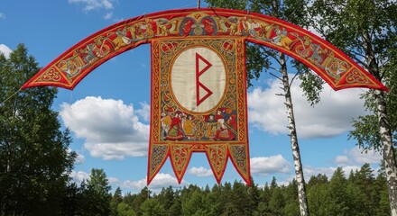 Elaborate historical banner featuring ancient script symbol suspended outdoors against a bright sky