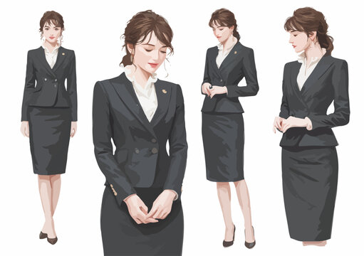 Illustration vectorielle d'une femme d'affaires en tenue formelle, montrant diff&eacute;rentes poses et expressions.