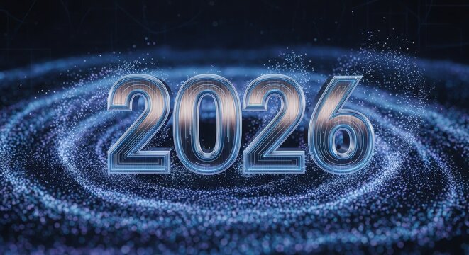 Futuristic 2026 numeral glowing with cosmic energy and swirling vortex background