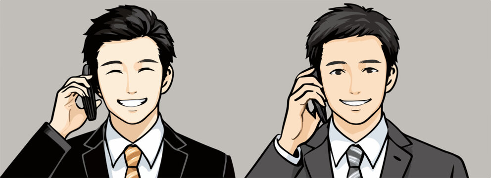 Deux hommes d'affaires souriants parlant au t&eacute;l&eacute;phone portable, illustration vectorielle