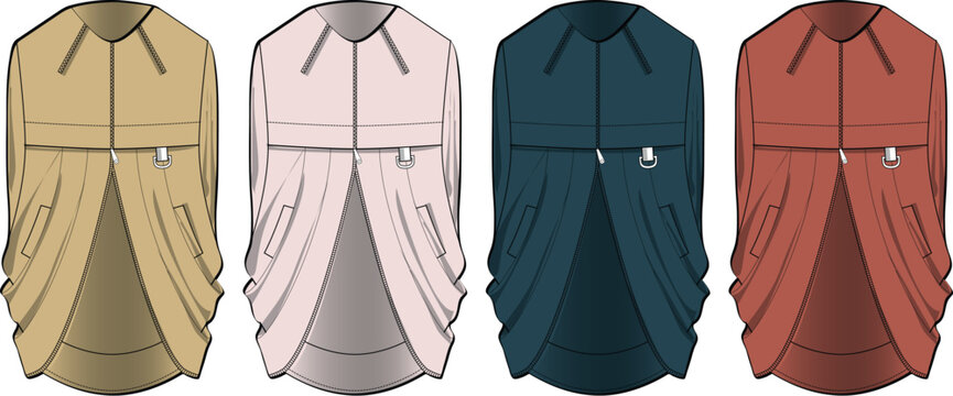 Collection of four stylish trench coats in various color options, showcasing fashion and apparel design