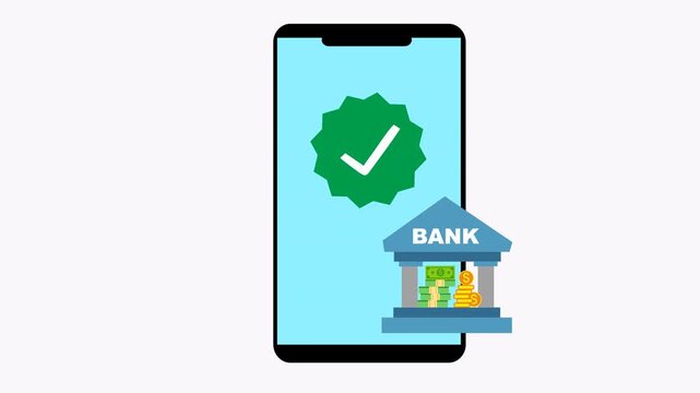 Displays a smartphone with a checkmark and bank icon showing finance. Perfect for financial apps, banking websites, technology blogs. 