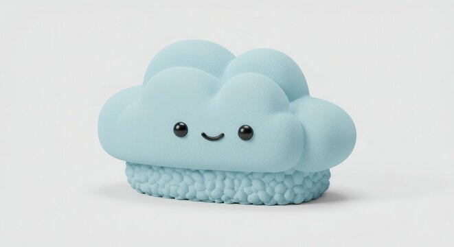 Small light blue smiling cloud shaped object rests on a textured base against a light background