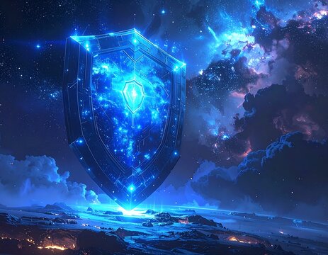 A luminous, shield-shaped energy field, embedded with a glowing center, floats above a cosmic landscape with starry clouds and a planetary surface