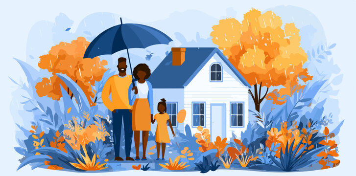 Famille sous parapluie devant une maison, entour&eacute;e d'une v&eacute;g&eacute;tation stylis&eacute;e aux couleurs d'automne.