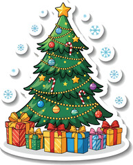 Decorated cartoon christmas tree with glowing string lights, colorful baubles, stars, candy canes, and festive gift boxes at base, with snowflakes surrounding it Vector