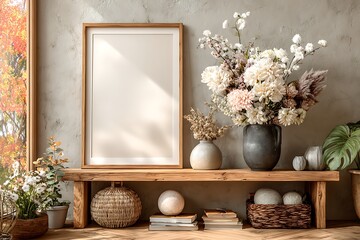 Cozy home decor display with flowers and artwork