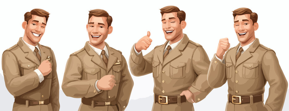 Ensemble de quatre illustrations vectorielles d'un homme en uniforme militaire affichant diff&eacute;rentes &eacute;motions positives.