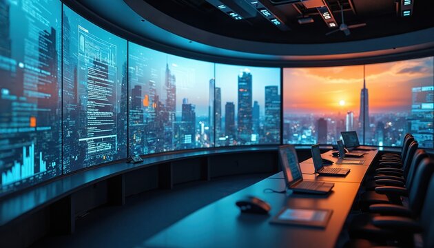 Modern command center with multiple screens displays data, charts, and code. Laptops sit on a long desk facing city skyline at sunset. High tech room for data analysis.