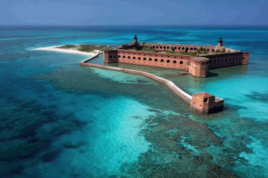 Exploring Fort Jefferson, a historic fortress in the Atlantic Ocean surrounded by clear turquoise waters and stunning landscapes