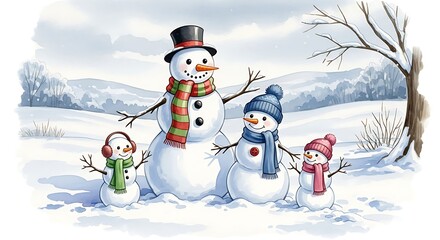 Obraz premium Charming Snowman Family Illustration in Winter Wonderland.
