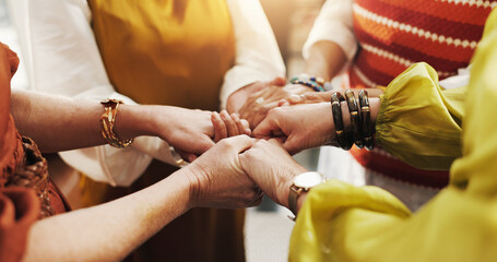 Women, holding hands and prayer circle for solidarity, faith and healing for religion, god or...