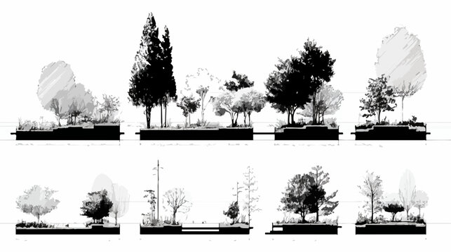 Vecteur d'arbres et de v&eacute;g&eacute;tation diversifi&eacute;s, croquis architecturaux et de paysage en noir et blanc.