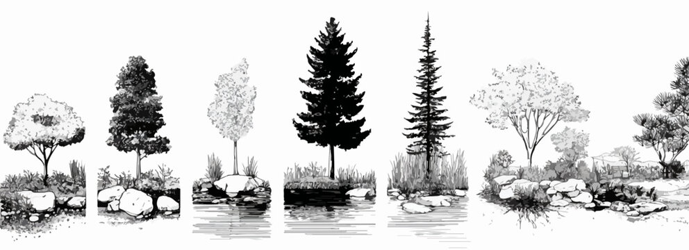Collection de vecteurs d'arbres et de v&eacute;g&eacute;tation dessin&eacute;s &agrave; la main, style croquis, sur fond blanc.