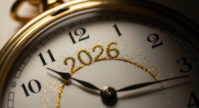 Shiny golden 2026 numbers floating above a white surface with subtle shadows