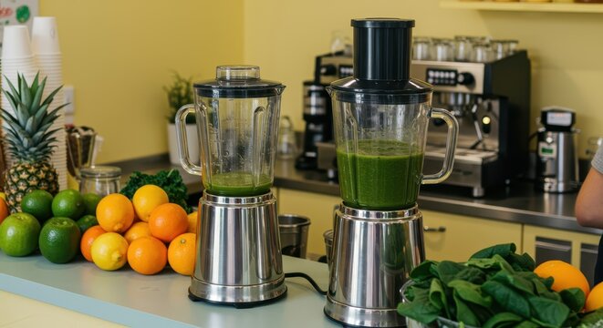 Two stainless steel blenders stand ready on a counter surrounded by fresh fruit and leafy greens for making nutritious beverages - Powered by Adobe