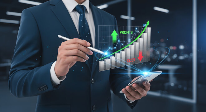 A businessman interacting with a digital profit growth chart and smartphone, symbolizing financial success and technological advancement in business.