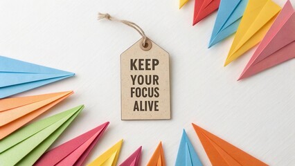 Inspirational message tag among colorful paper airplanes on a white background encouraging motivation and focus in daily life