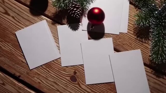 Mockup of a blank greeting card with New Year's decorations, intended for Christmas. The cards are placed on a simple wooden board, with a blank page for writing