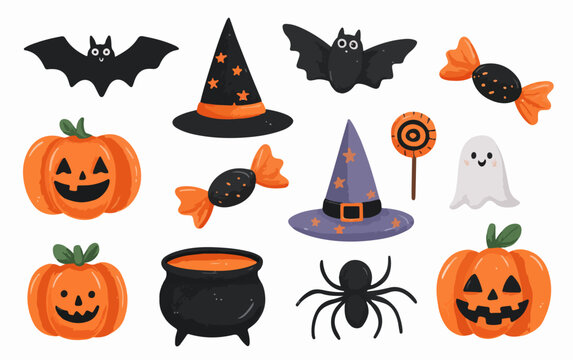 Vecteur d'&eacute;l&eacute;ments d'Halloween : citrouilles, fant&ocirc;mes, chauves-souris, bonbons, chapeaux de sorci&egrave;re et chaudron.