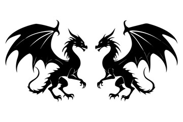 Fantasy Dragon Silhouettes Collection. Mythical Creatures, Flying Dragons, Fantasy Illustration Set.