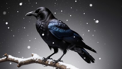 A striking black raven perched on a snowy branch during a winter snowfall.