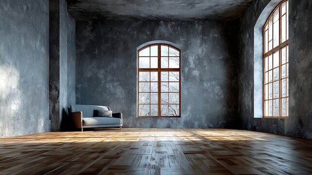 Sunlit industrial loft with vintage armchair and large windows