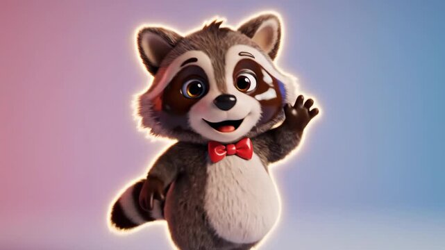 Charming 3D illustration of a cute raccoon mascot wearing a red bow tie, smiling and waving a friendly greeting in front of a colorful backdrop