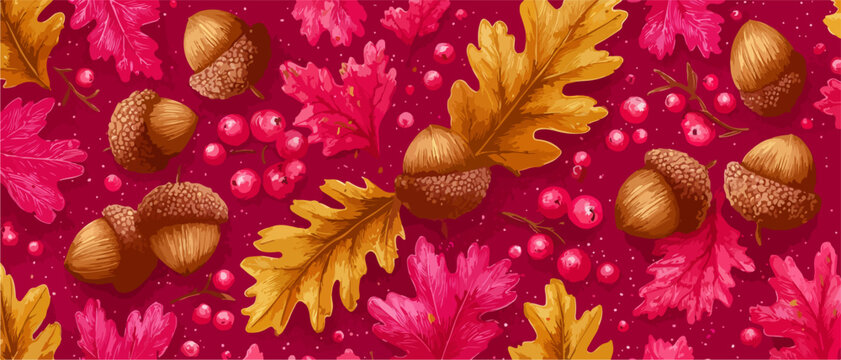 Motif d'automne avec des glands et des feuilles de ch&ecirc;ne dans des tons chauds sur fond cramoisi.
