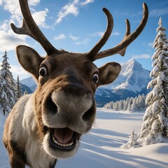 A goofy reindeer making a funny, surprised face in a close-up selfie-style shot in the snow.
