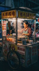 Obraz premium Mature woman prepares food at a brightly lit mobile street stall in a busy urban environment at night