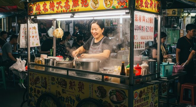 Cheerful vendor prepares hot food at a brightly lit roadside stall during nighttime hours