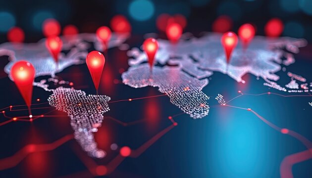 World map with pinpoint markers and connections. Red location pins show data points on abstract global network. Worldwide business marketing growth strategy shown on digital map.