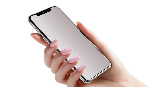 Woman holding a modern smartphone with a blank screen in her hand with manicured nails visible