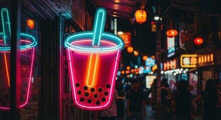 Bright neon sign depicting a chilled beverage with dark spheres illuminates a busy nighttime street scene.