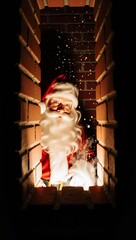Santa Claus cheerfully peeking down a brick chimney from a magical, illuminated perspective.