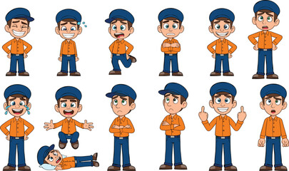 Cartoon man emotions, expressive character, vector poses, sad, happy, angry, crying, confused, frustrated, confident, thoughtful, emotional illustration