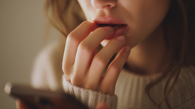 Young person biting nails while scrolling phone screen in blurred background with closeup of fingers and lips, teenage anxiety and social media pressure. Mental health and digital stress awareness.