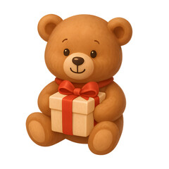 Cute Teddy Bear Holding Gift Box with Red Ribbon &ndash; Christmas and Holiday Illustration
