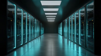 Modern server room with integrated water cooling panels in advanced futuristic datacenter architecture interior, sustainable cooling and high tech computing. Energy efficient green infrastructure.