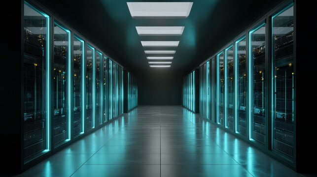 Modern server room with integrated water cooling panels in advanced futuristic datacenter architecture interior, sustainable cooling and high tech computing. Energy efficient green infrastructure.