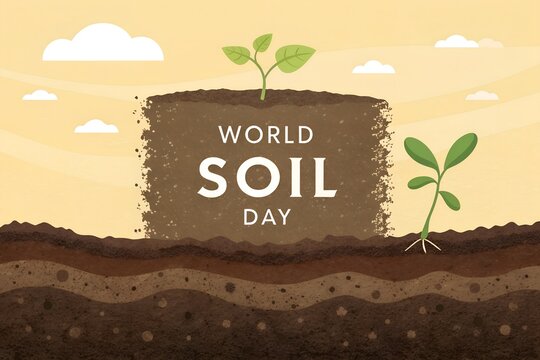 World soil day illustration celebrating the importance of healthy soil for plant growth and environmental sustainability with a cross section of earth layers and sprouting seedlings - Powered by Adobe